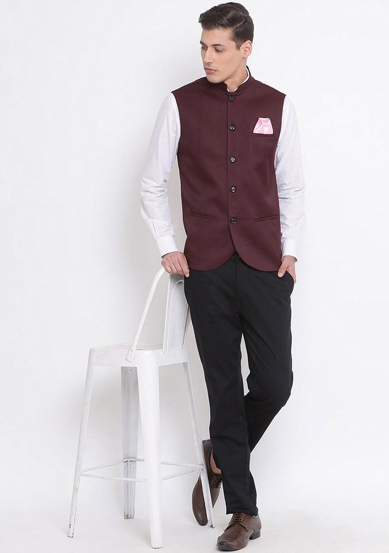 Maroon Solid Poly Blend Nehru Jacket For Men