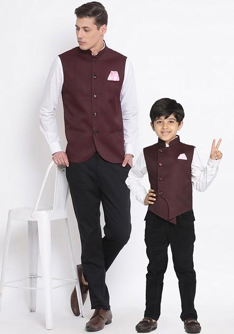 Maroon Solid Poly Blend Nehru Jacket For Men