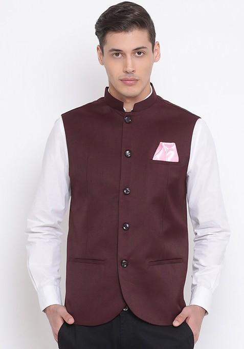 Maroon Solid Poly Blend Nehru Jacket For Men