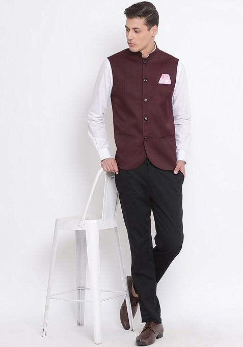 Maroon Solid Poly Blend Nehru Jacket For Men