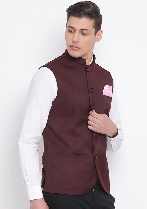 Maroon Solid Poly Blend Nehru Jacket For Men