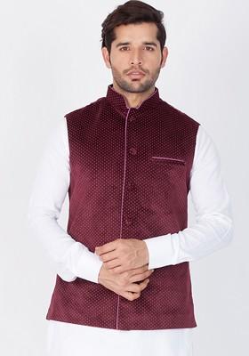 Maroon Solid Poly Blend Nehru Jacket For Men