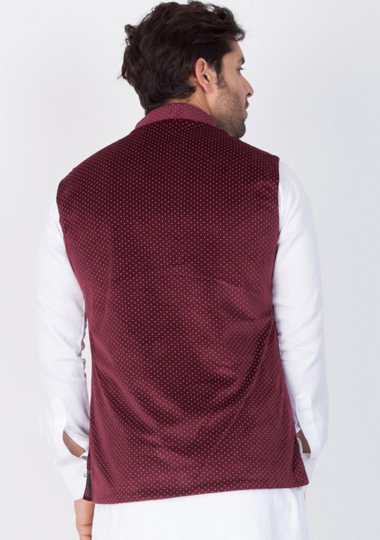 Maroon Solid Poly Blend Nehru Jacket For Men