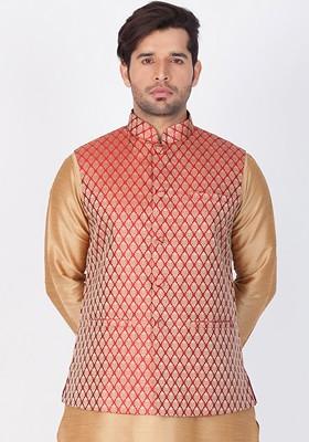Maroon Woven Poly Blend Nehru Jacket For Men
