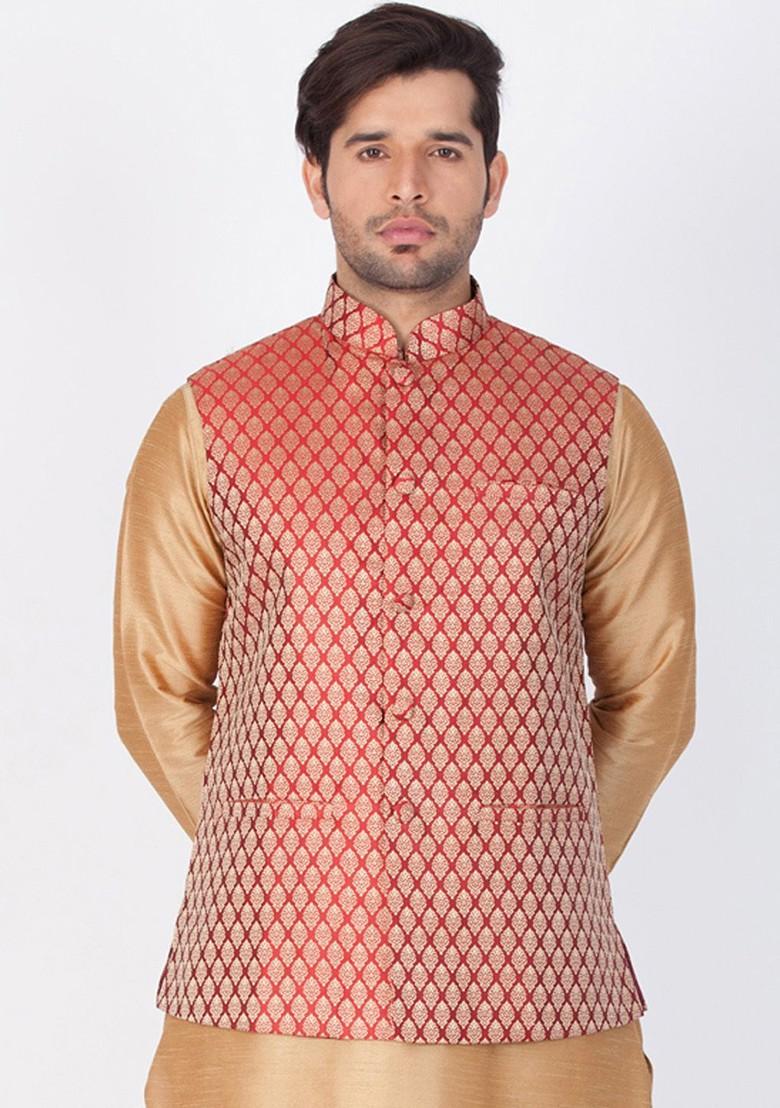 Maroon Woven Poly Blend Nehru Jacket For Men