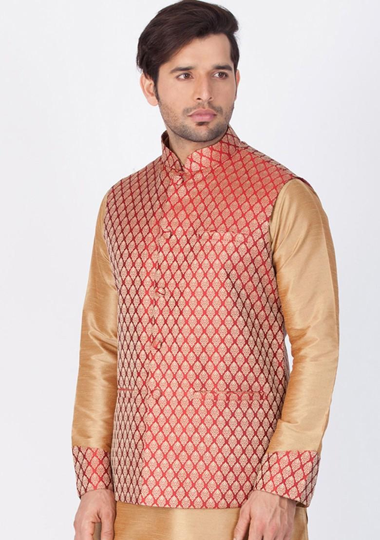 Maroon Woven Poly Blend Nehru Jacket For Men
