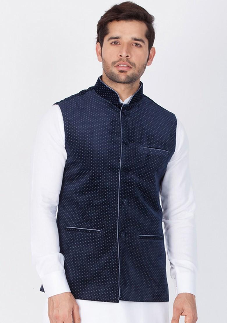 Navy Blue Printed Poly Blend Nehru Jacket For Men
