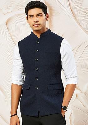 Navy Blue Embellished Poly Blend Nehru Jacket For Men