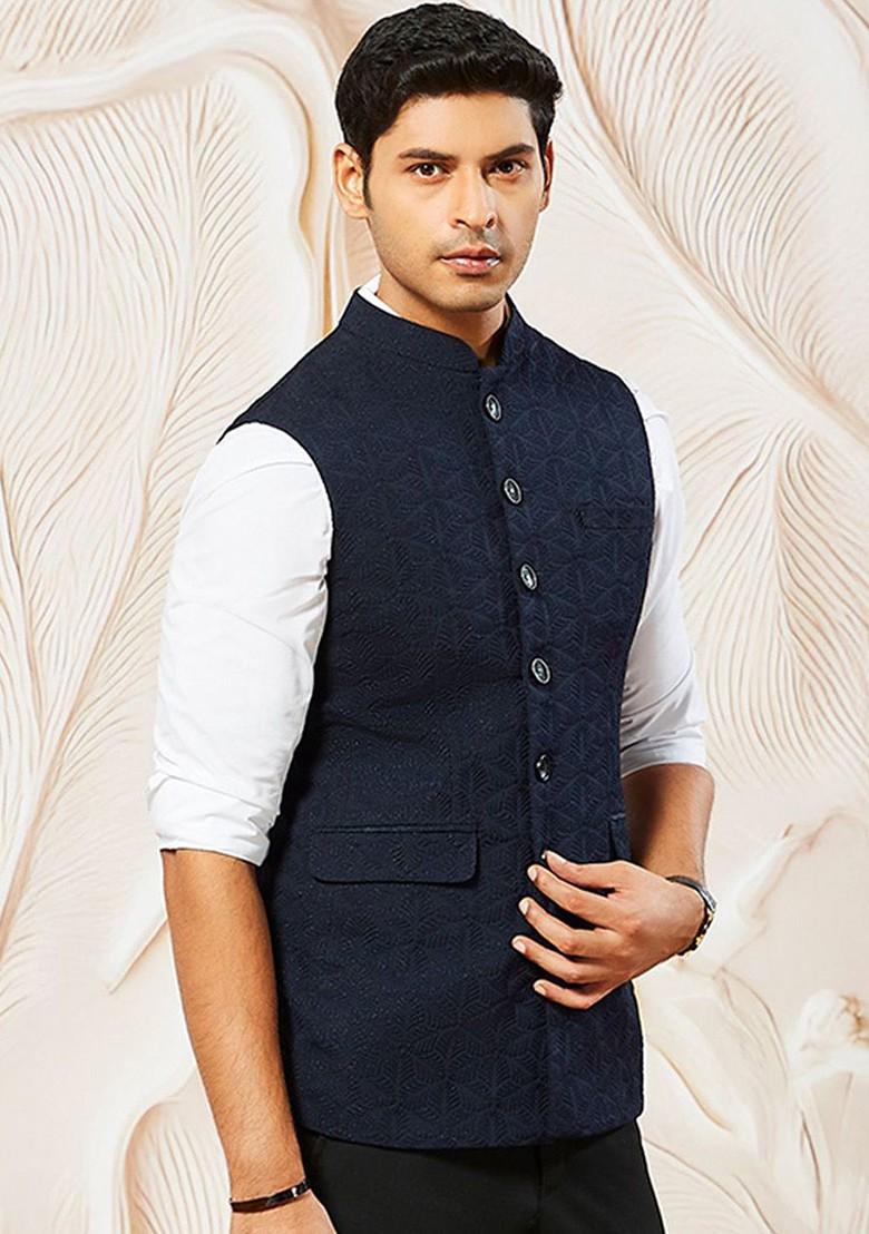 Navy Blue Embellished Poly Blend Nehru Jacket For Men