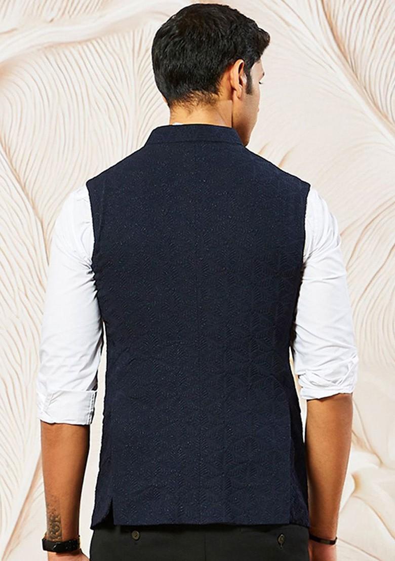 Navy Blue Embellished Poly Blend Nehru Jacket For Men