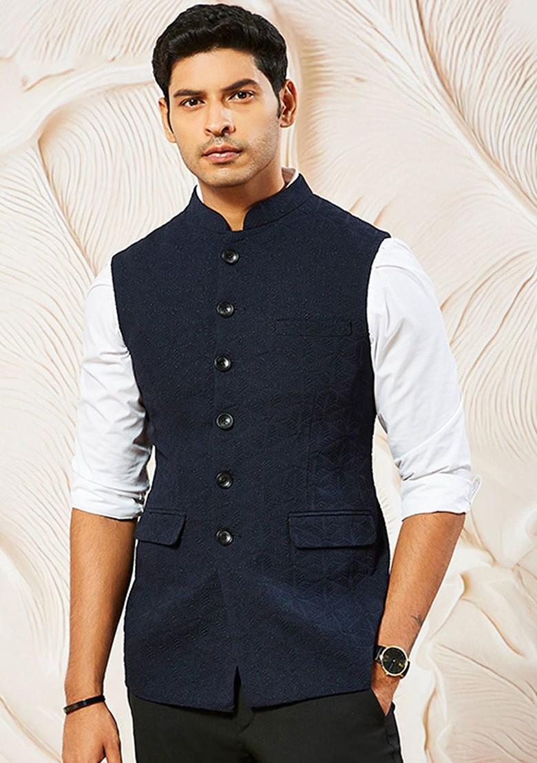 Navy Blue Embellished Poly Blend Nehru Jacket For Men