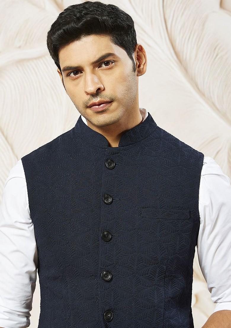 Navy Blue Embellished Poly Blend Nehru Jacket For Men