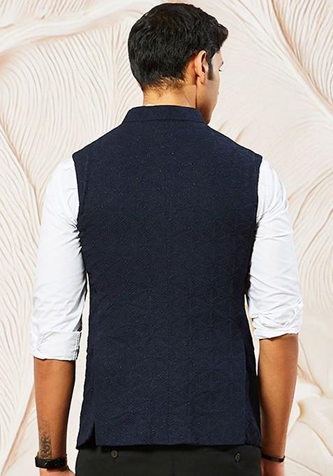 Navy Blue Embellished Poly Blend Nehru Jacket For Men
