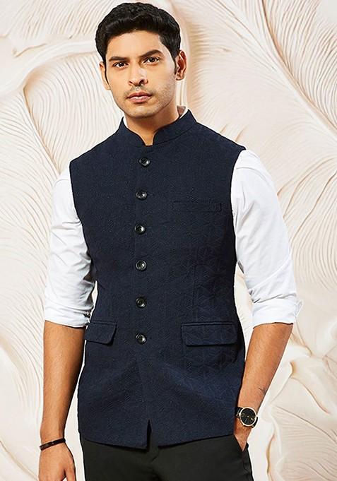 Navy Blue Embellished Poly Blend Nehru Jacket For Men