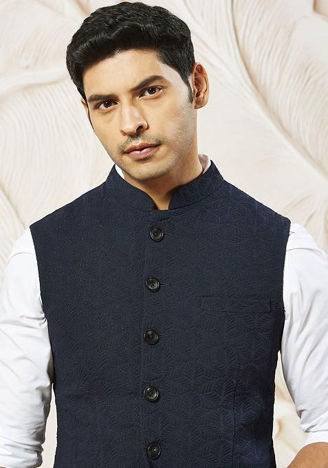 Navy Blue Embellished Poly Blend Nehru Jacket For Men
