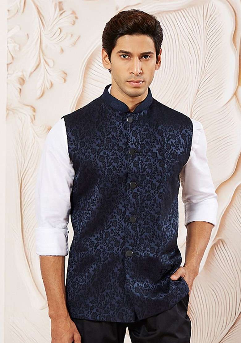 Navy Blue Solid Poly Blend Nehru Jacket For Men - Indya