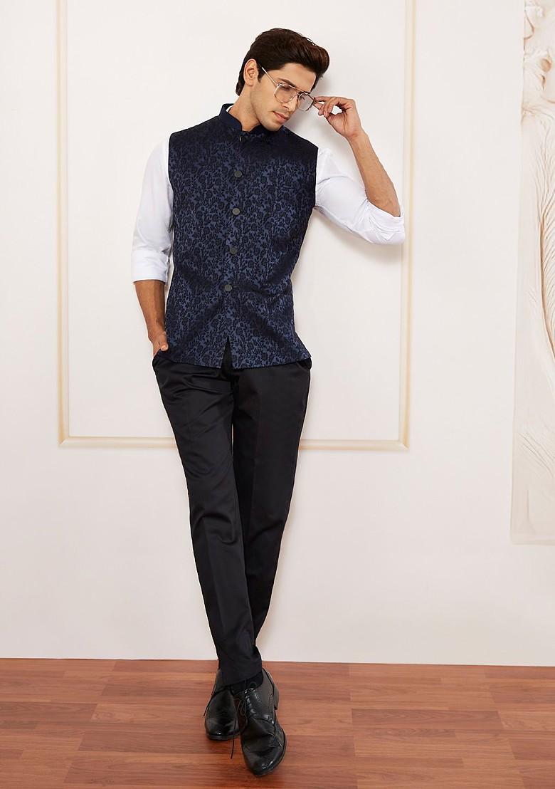 Navy Blue Solid Poly Blend Nehru Jacket For Men