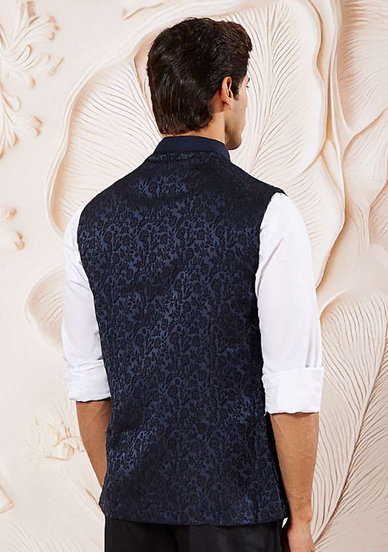 Navy Blue Solid Poly Blend Nehru Jacket For Men - Indya