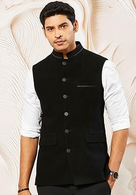 Black Woven Poly Blend Nehru Jacket For Men