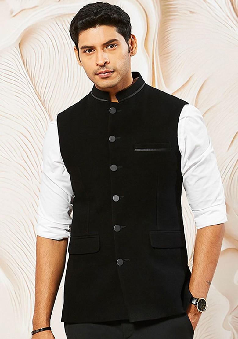 Black Woven Poly Blend Nehru Jacket For Men