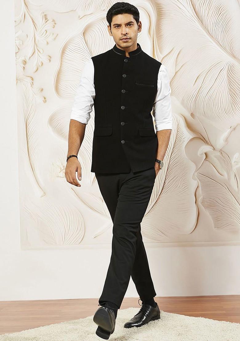 Black Woven Poly Blend Nehru Jacket For Men