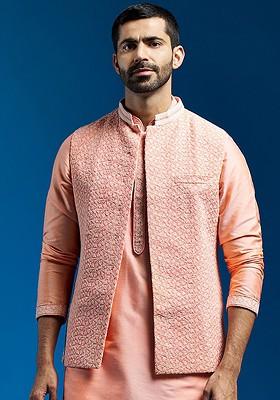 Peach Embroidered Poly Blend Nehru Jacket For Men