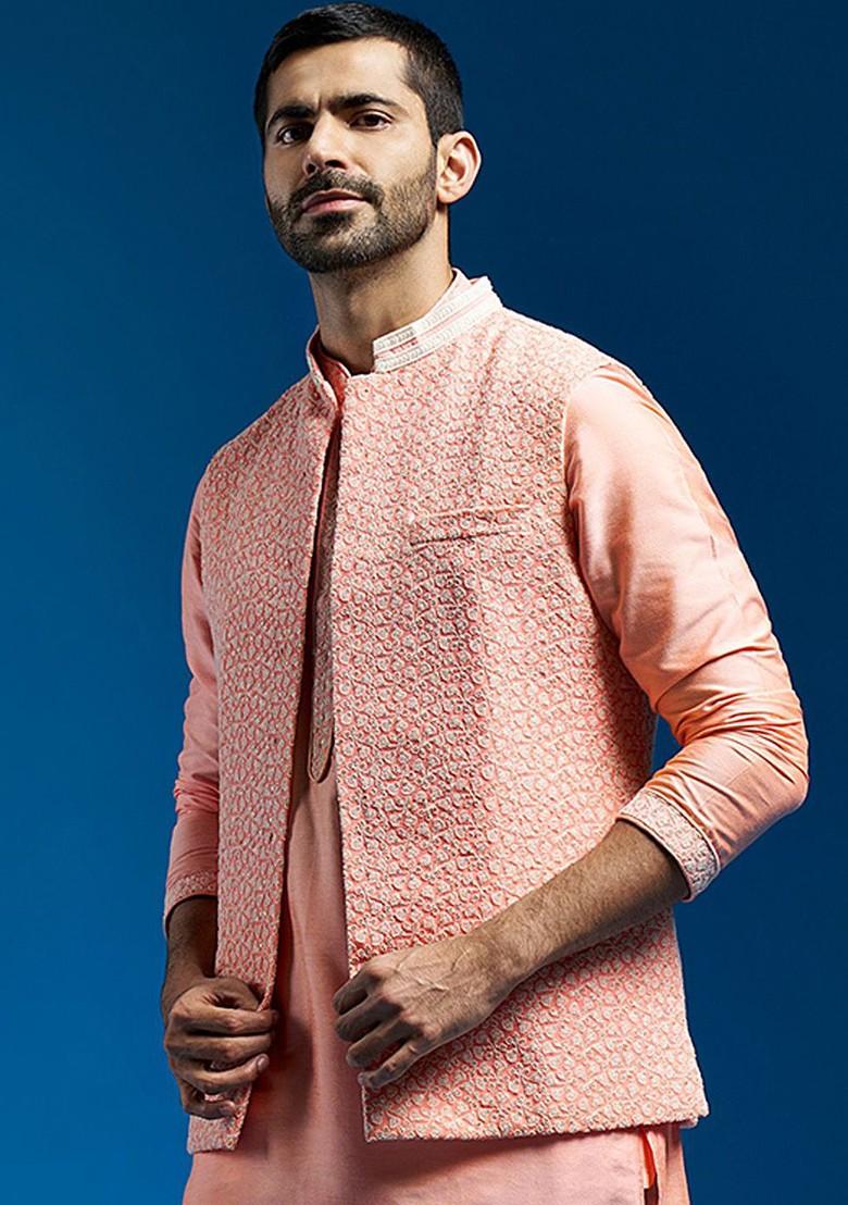 Peach Embroidered Poly Blend Nehru Jacket For Men