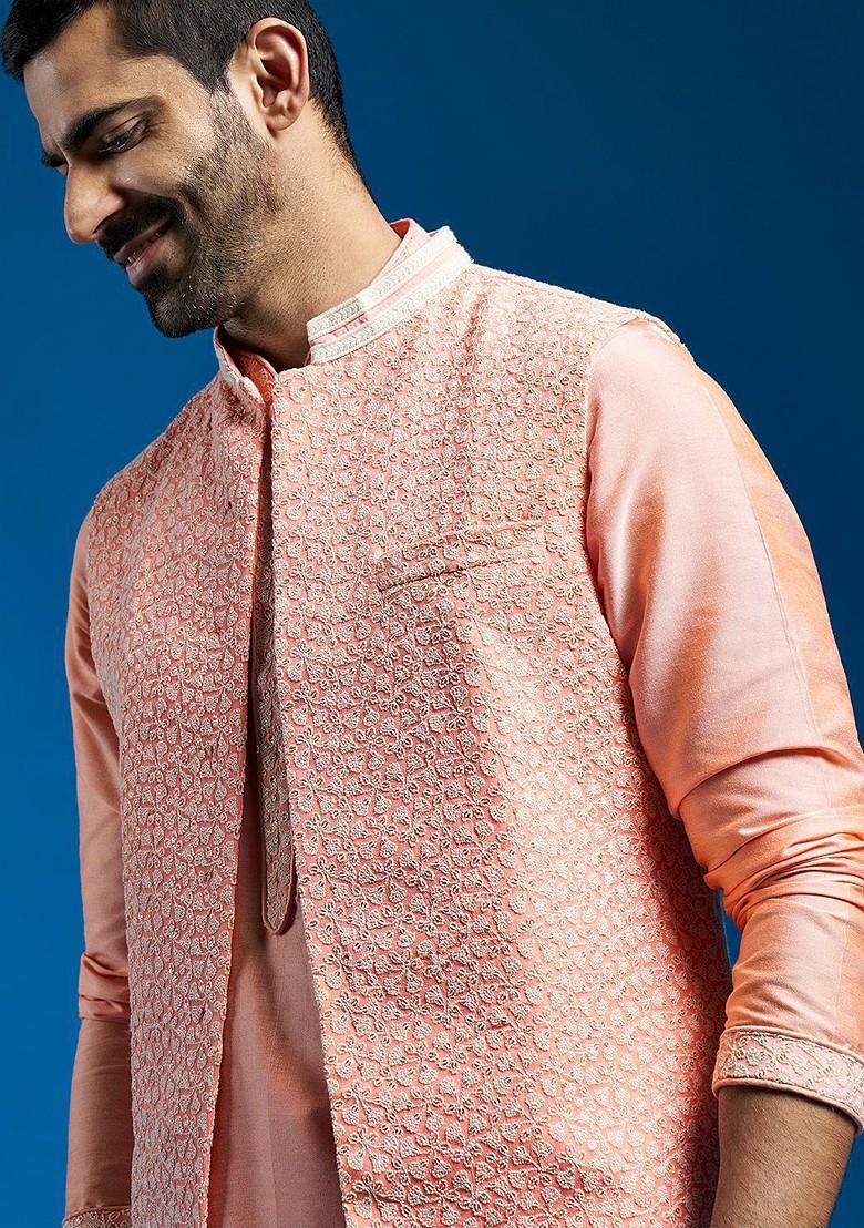 Peach Embroidered Poly Blend Nehru Jacket For Men