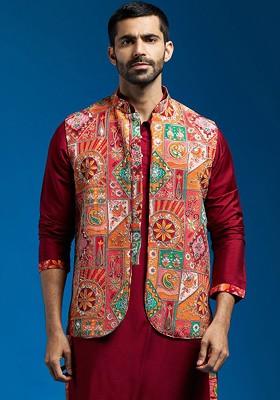Red Embroidered Poly Blend Nehru Jacket For Men