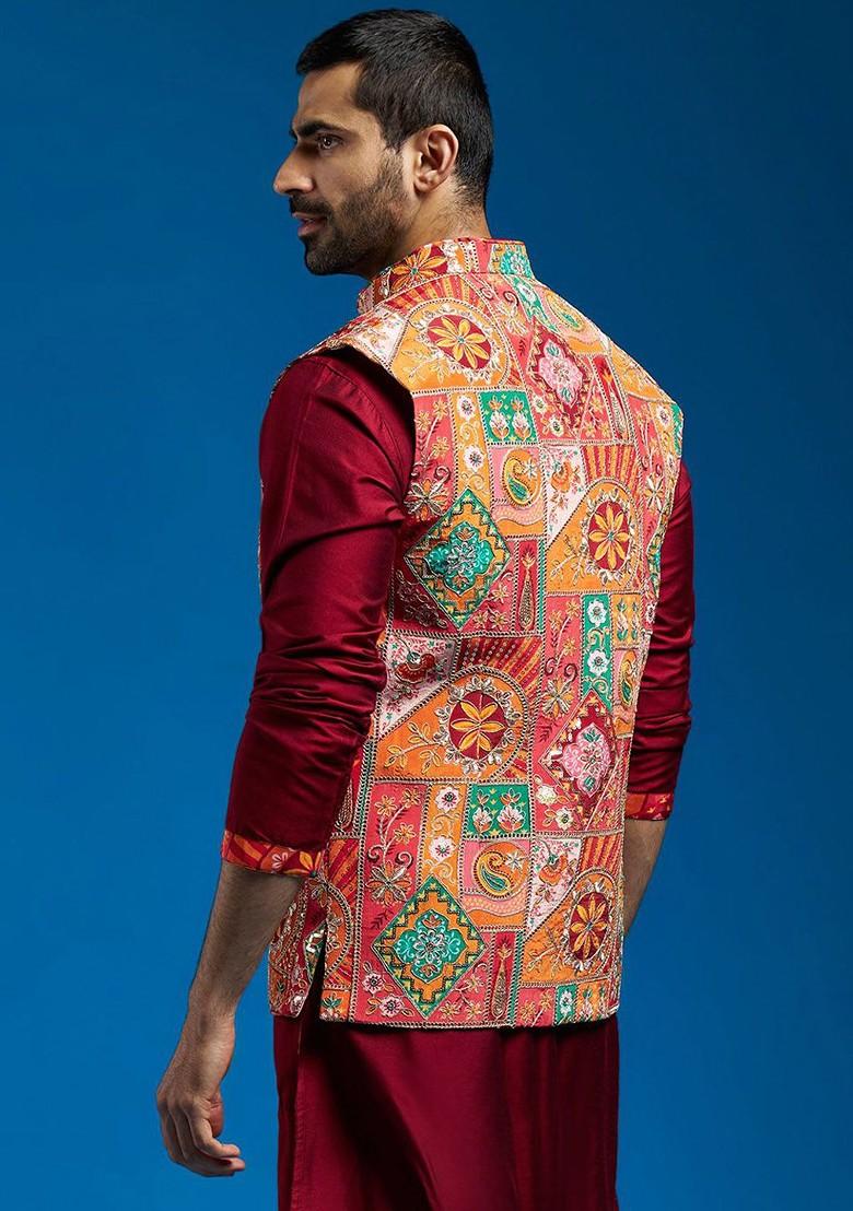 Red Embroidered Poly Blend Nehru Jacket For Men