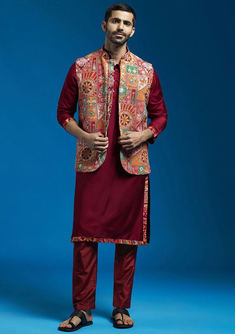 Red Embroidered Poly Blend Nehru Jacket For Men