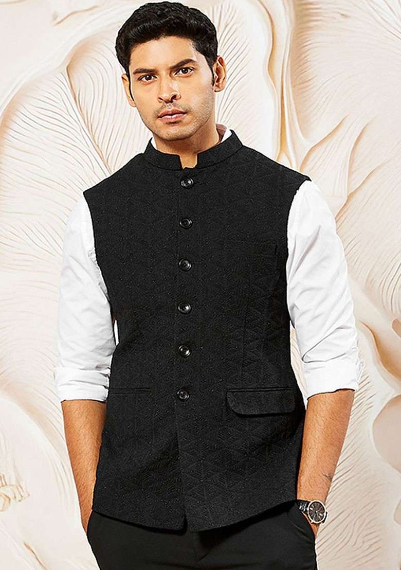 Black Embellished Poly Blend Nehru Jacket For Men - Indya