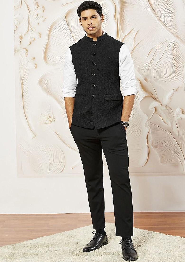 Black Embellished Poly Blend Nehru Jacket For Men