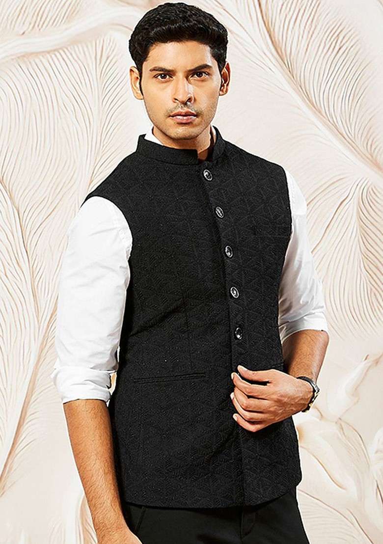 Black Embellished Poly Blend Nehru Jacket For Men - Indya