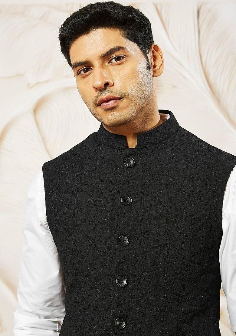 Black Embellished Poly Blend Nehru Jacket For Men