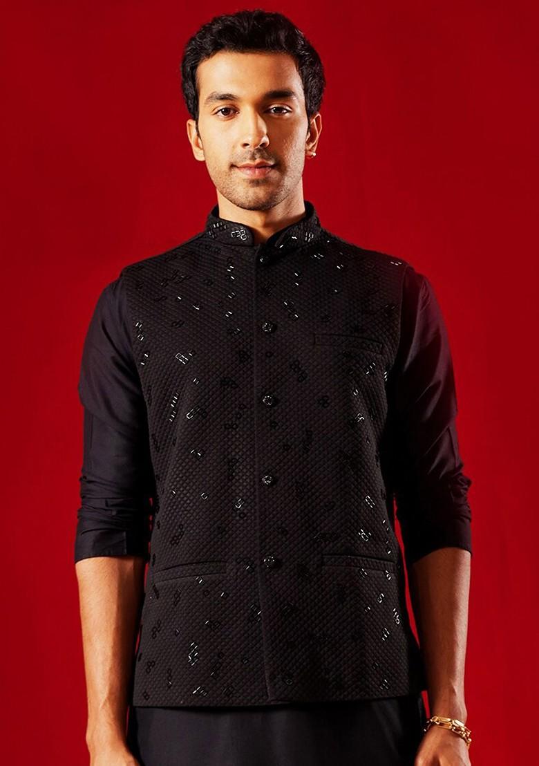 Black Embellished Poly Blend Nehru Jacket For Men