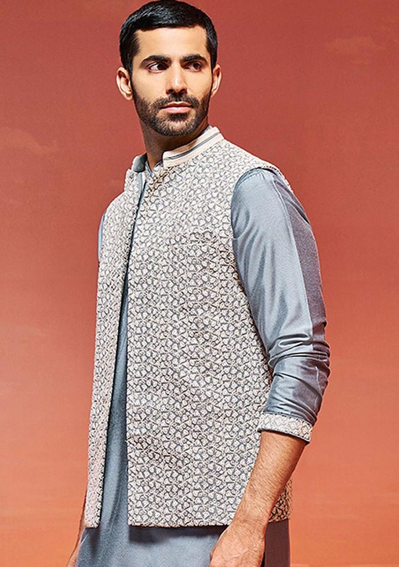 Grey Embroidered Poly Blend Nehru Jacket For Men