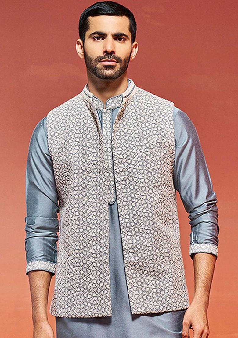 Grey Embroidered Poly Blend Nehru Jacket For Men