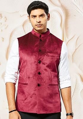 Maroon Printed Poly Blend Nehru Jacket For Men