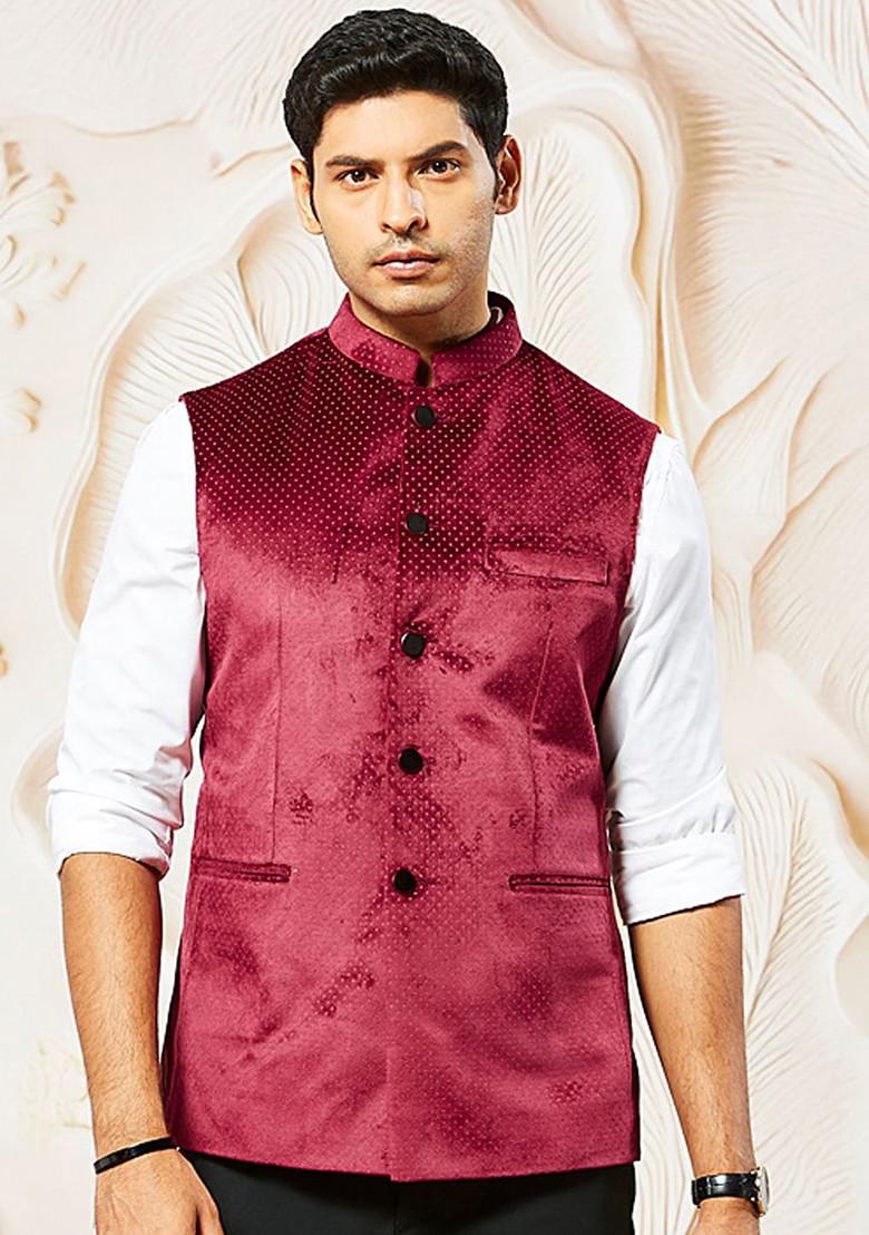 Maroon Printed Poly Blend Nehru Jacket For Men