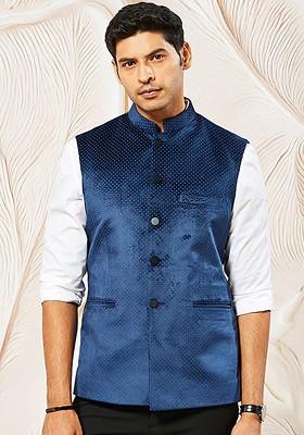 Navy Blue Printed Poly Blend Nehru Jacket For Men