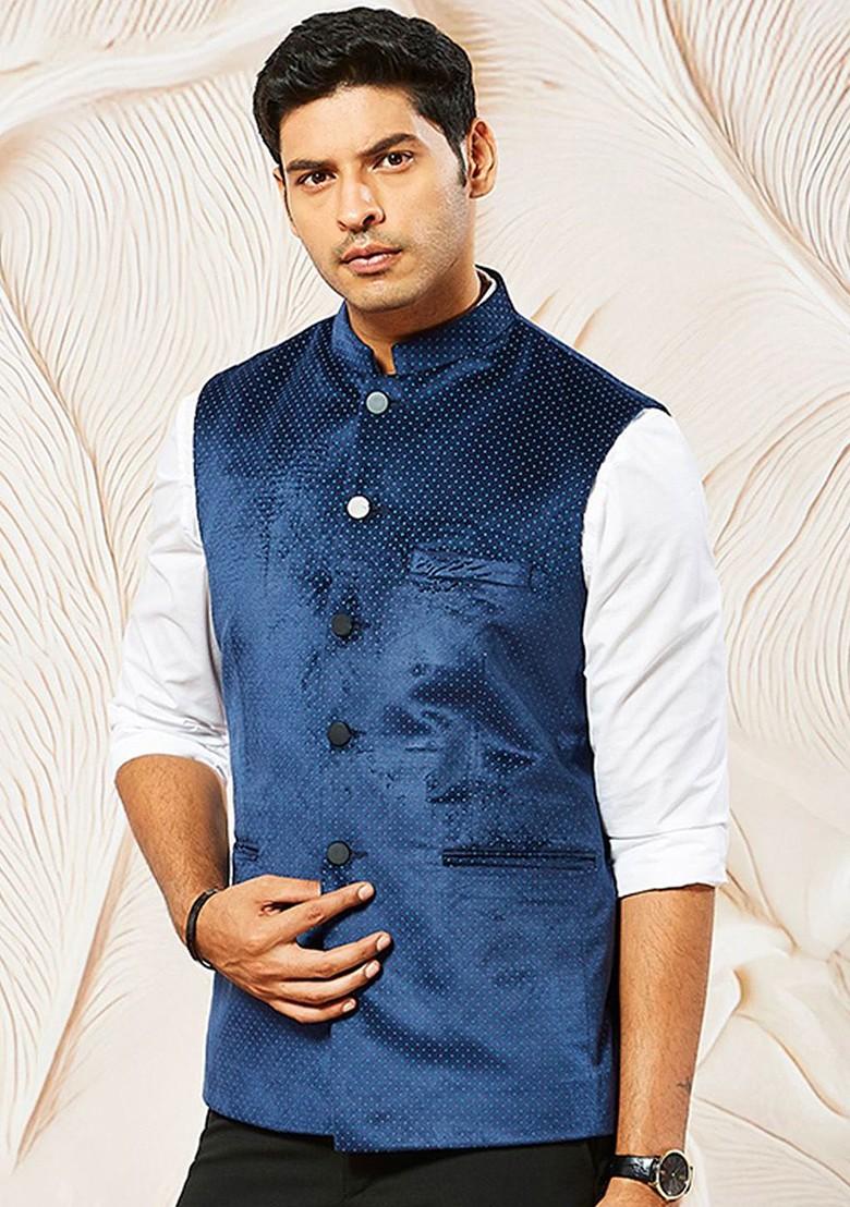 Navy Blue Printed Poly Blend Nehru Jacket For Men