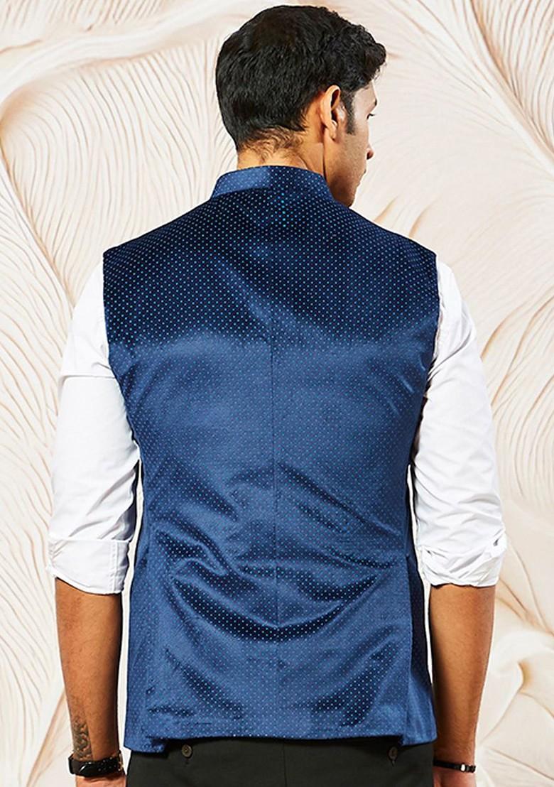 Navy Blue Printed Poly Blend Nehru Jacket For Men