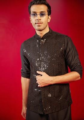 Black Embellished Poly Blend Nehru Jacket For Men