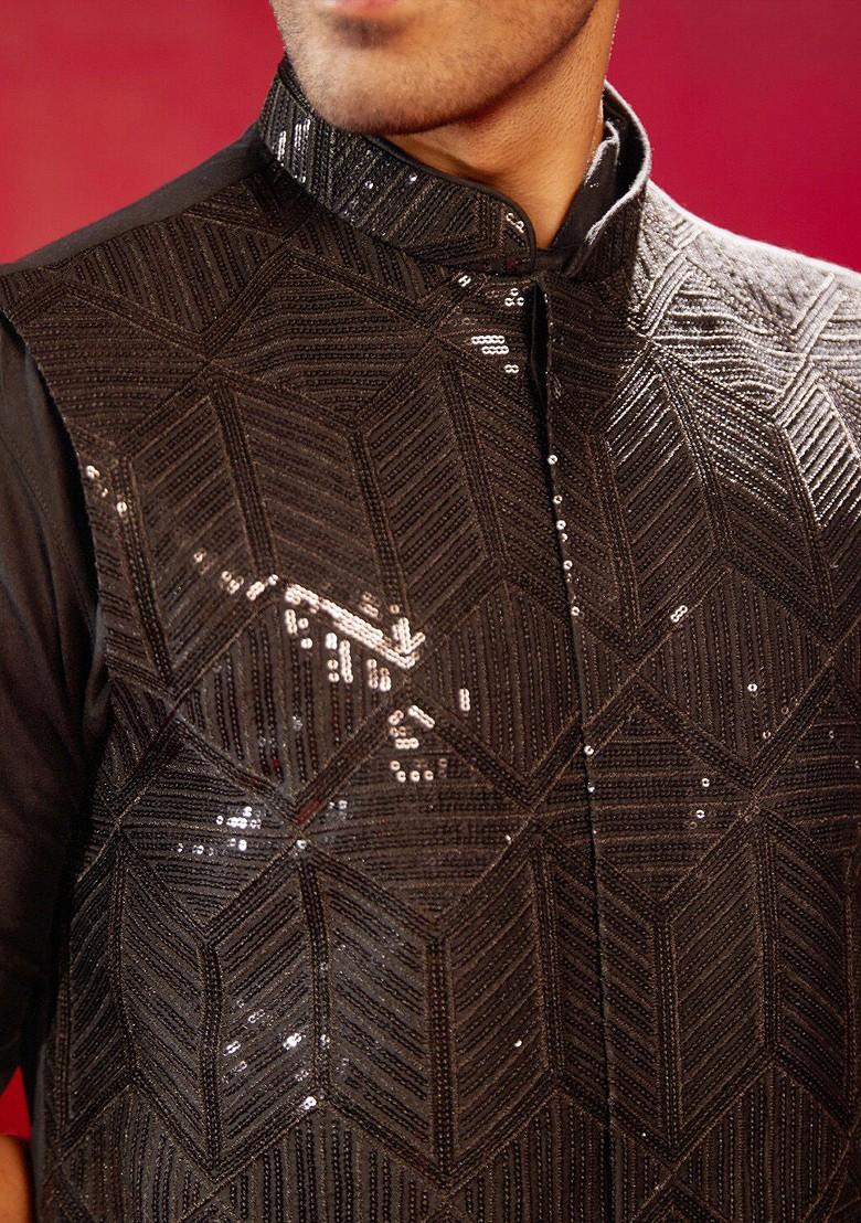 Black Embellished Poly Blend Nehru Jacket For Men
