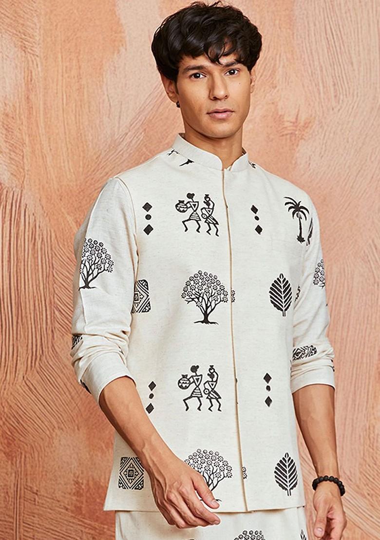 Cream Printed Cotton Nehru Jacket For Men