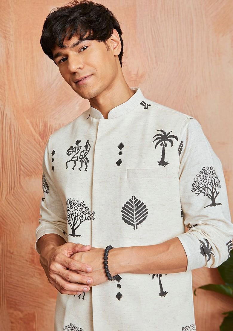 Cream Printed Cotton Nehru Jacket For Men