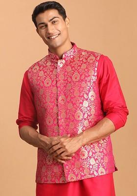 Fuchsia Pink Woven Poly Blend Nehru Jacket For Men
