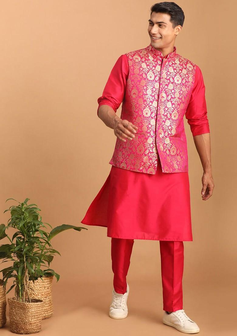 Fuchsia Pink Woven Poly Blend Nehru Jacket For Men