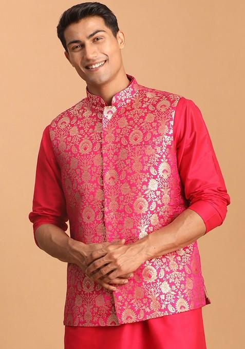 Fuchsia Pink Woven Poly Blend Nehru Jacket For Men — view on Indya